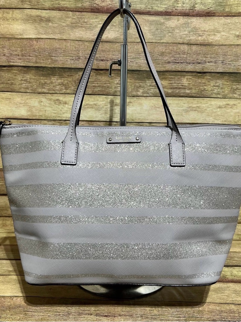 kate spade Haven lane Hani Silver/grey Stripe Tote w/ matching makeup pouch NWT - Picture 3 of 8